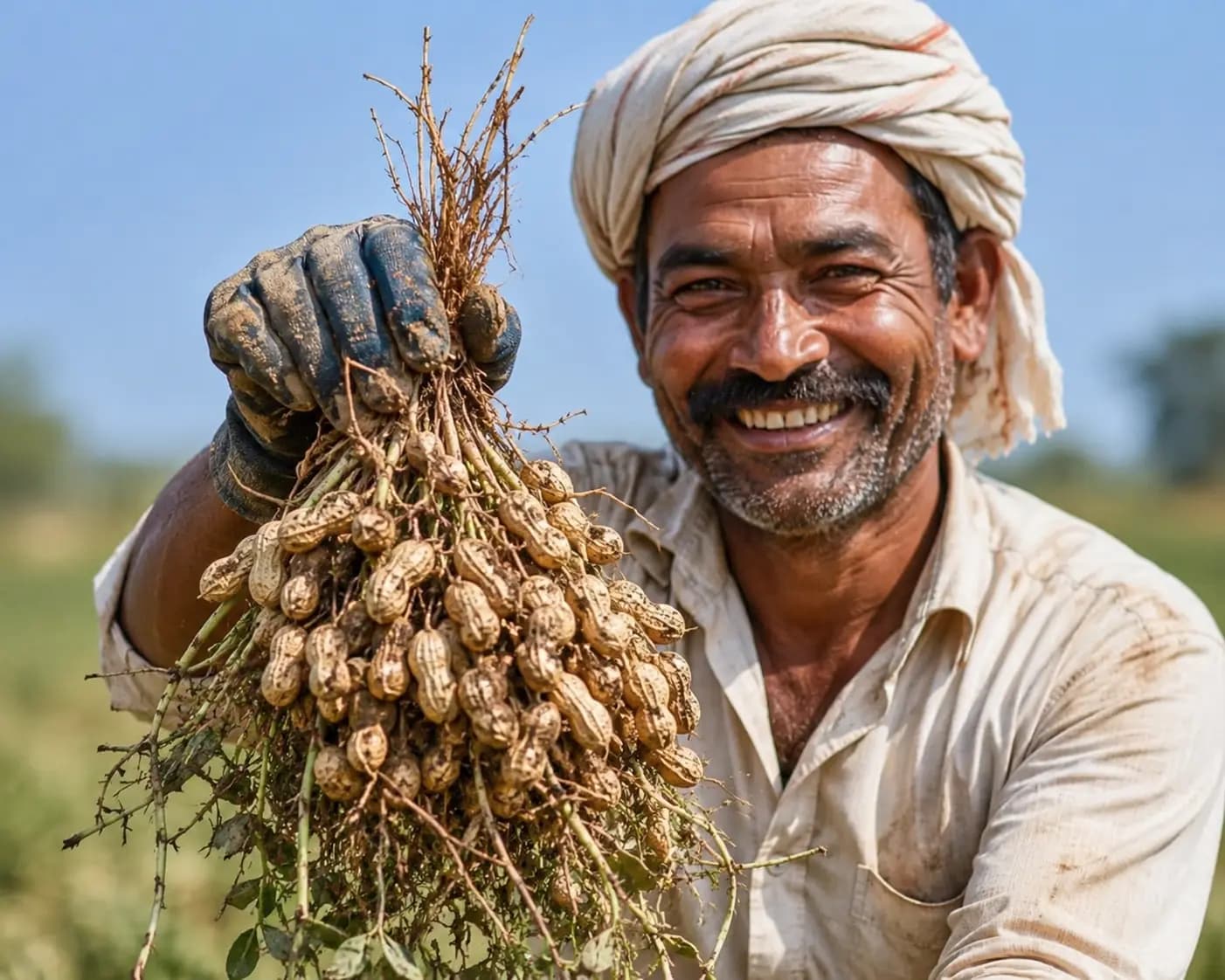 A smiling farmer holding freshly harvested peanuts